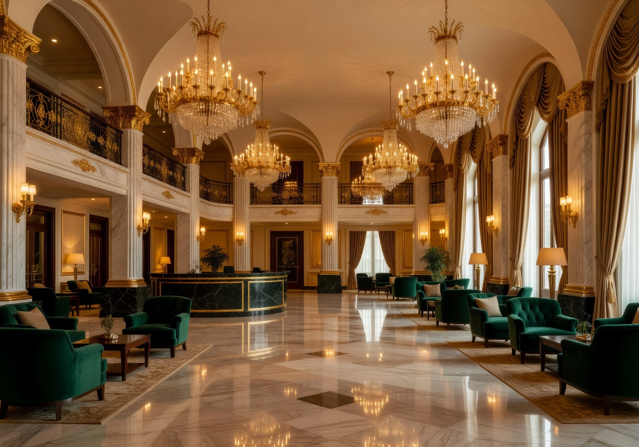 Elegant hotel lobby with golden chandeliers and marble floors