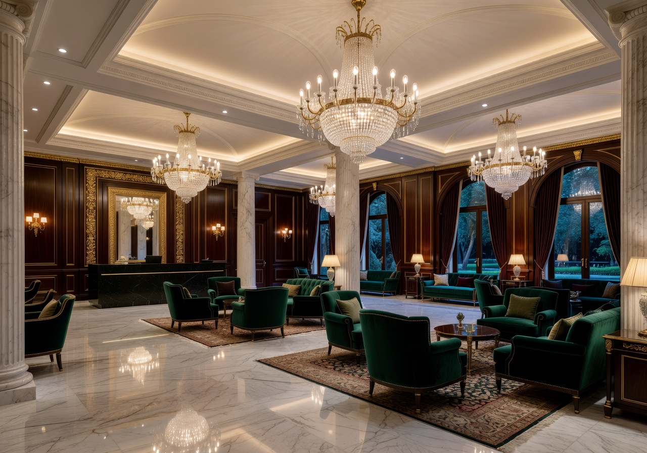 Elegant luxury hotel lobby with chandeliers