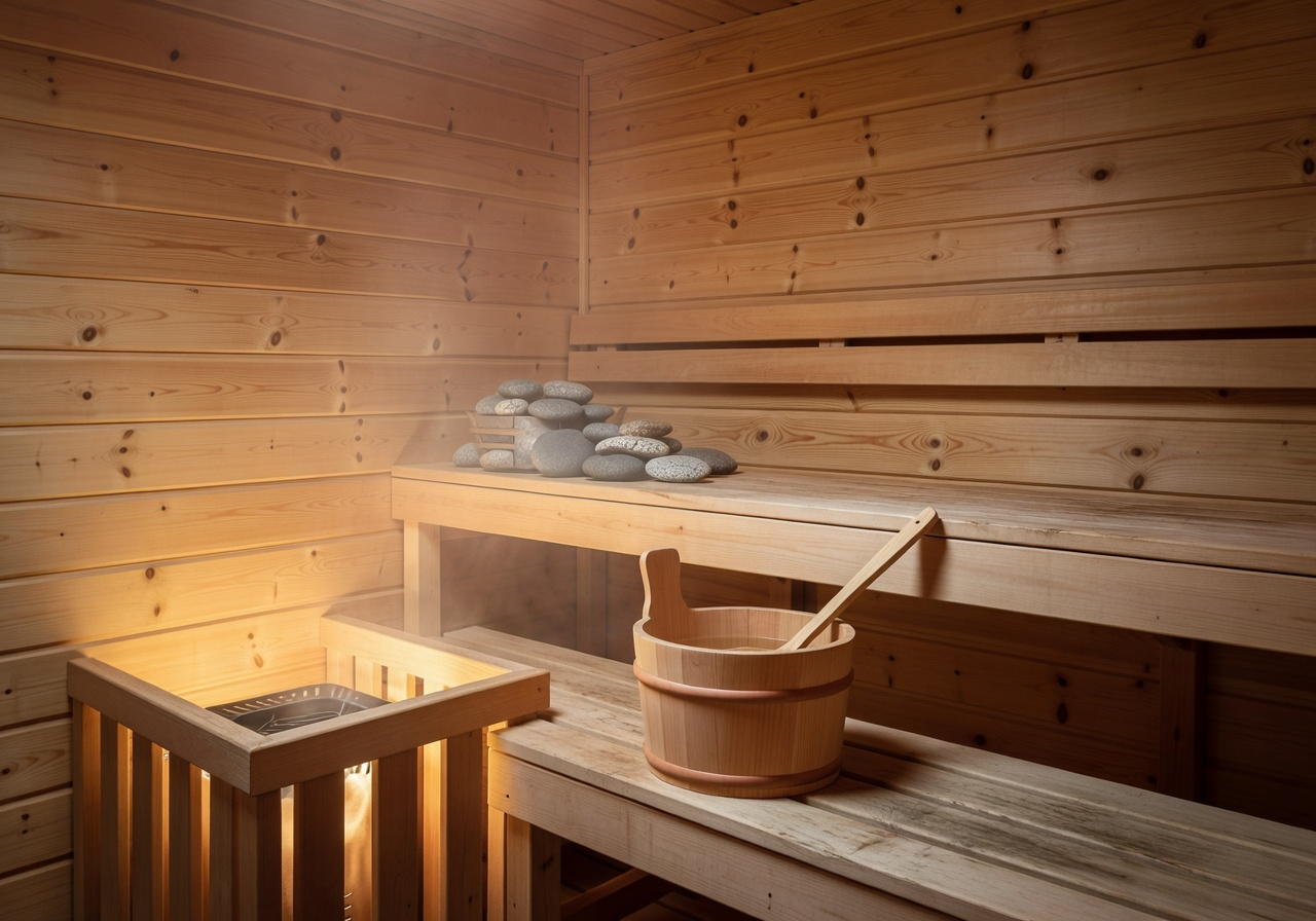 Finnish sauna interior wooden warm light