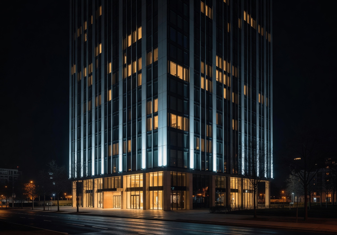 Hilton Warsaw City Hotel illuminated facade at night