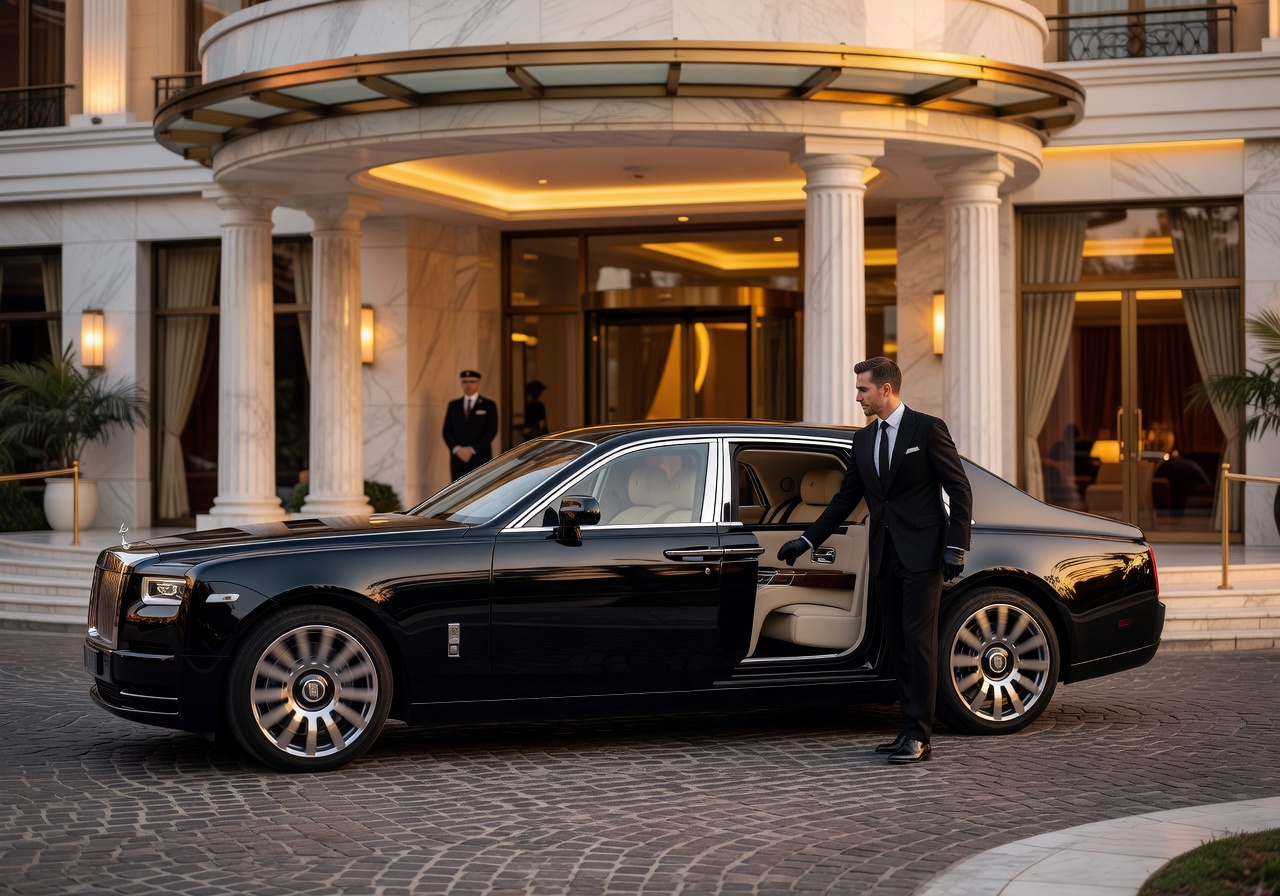 Luxury chauffeur car arriving at premium hotel entrance