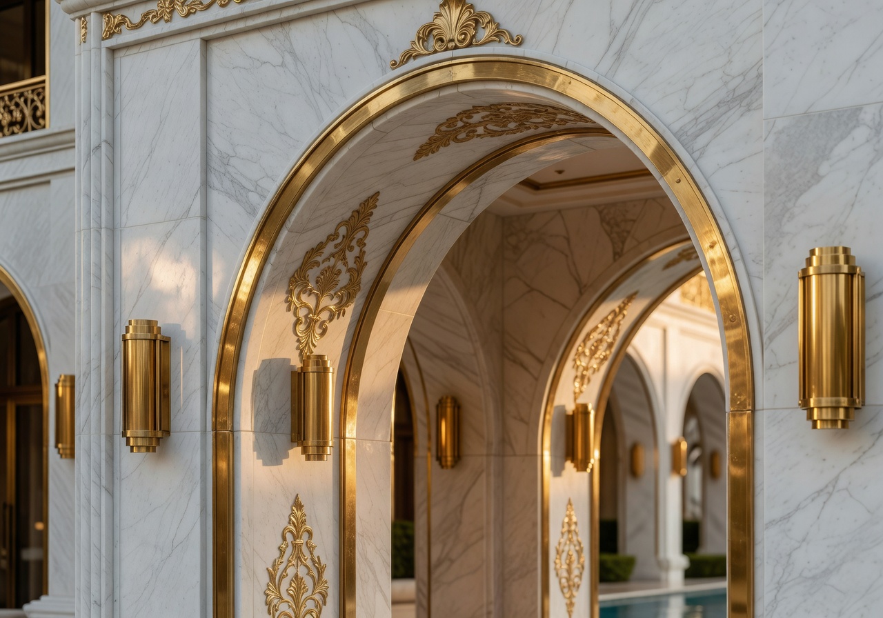 Luxury hotel architecture detail with golden accents