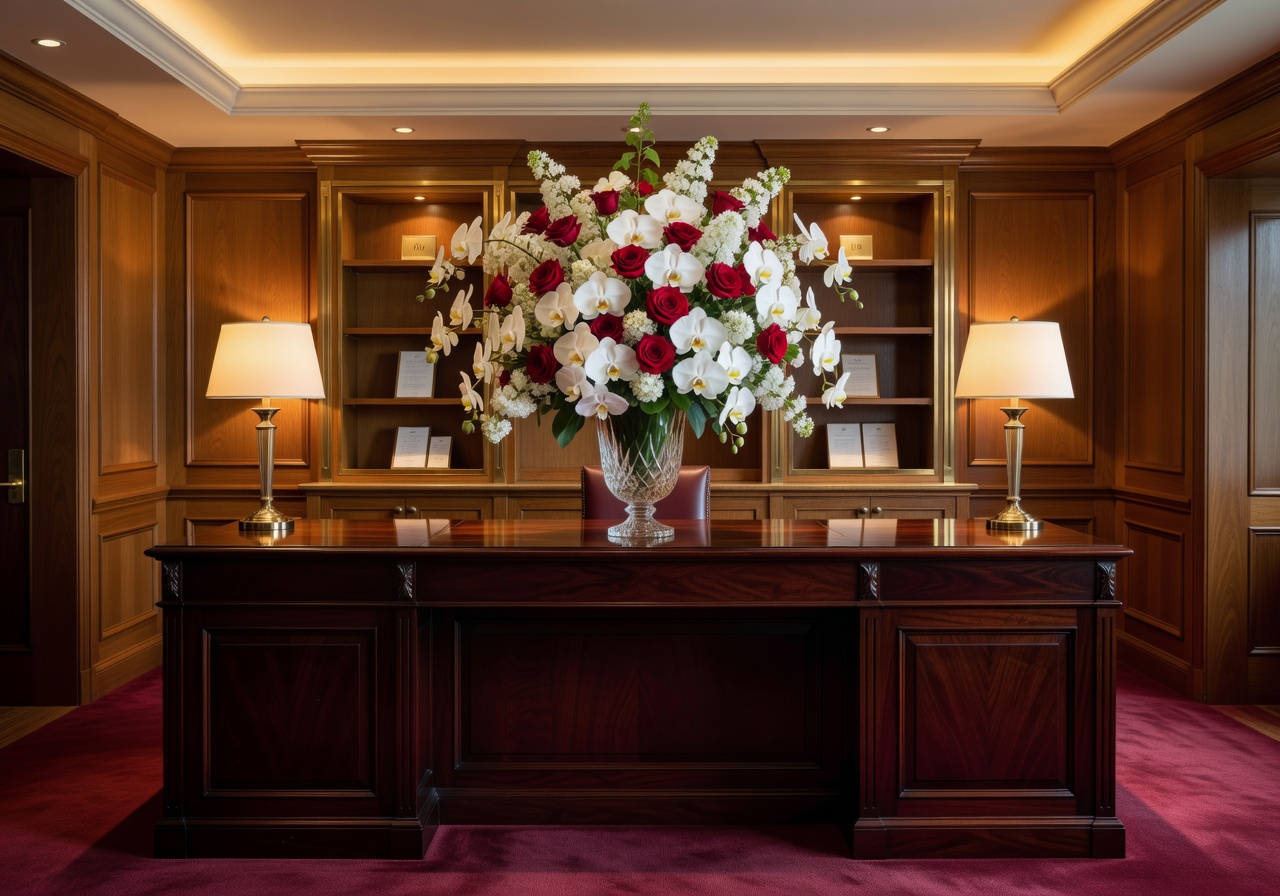 Luxury hotel concierge desk with floral arrangement