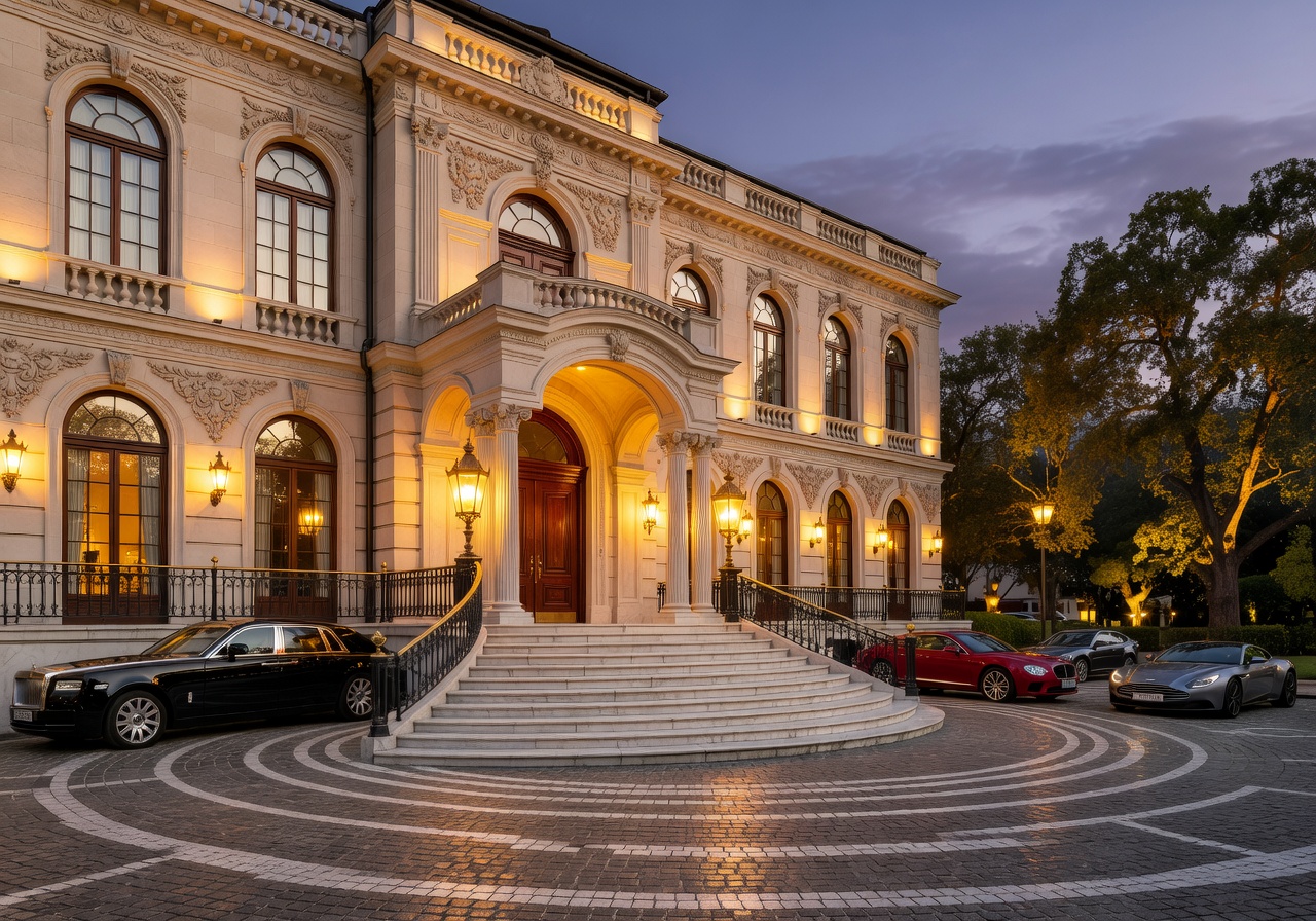 Luxury Polish casino hotel exterior at dusk with golden lighting