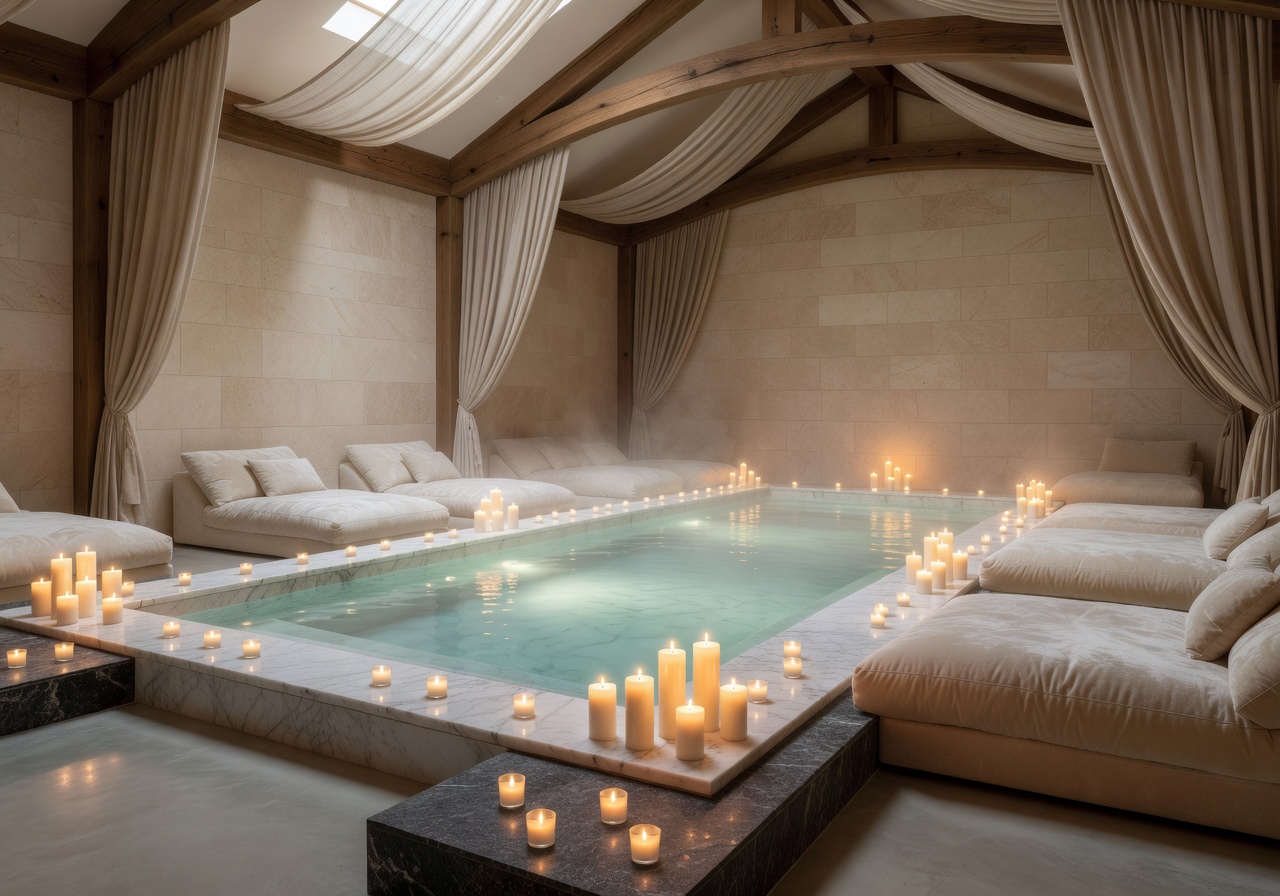 Luxury wellness spa interior with thermal pool and candles