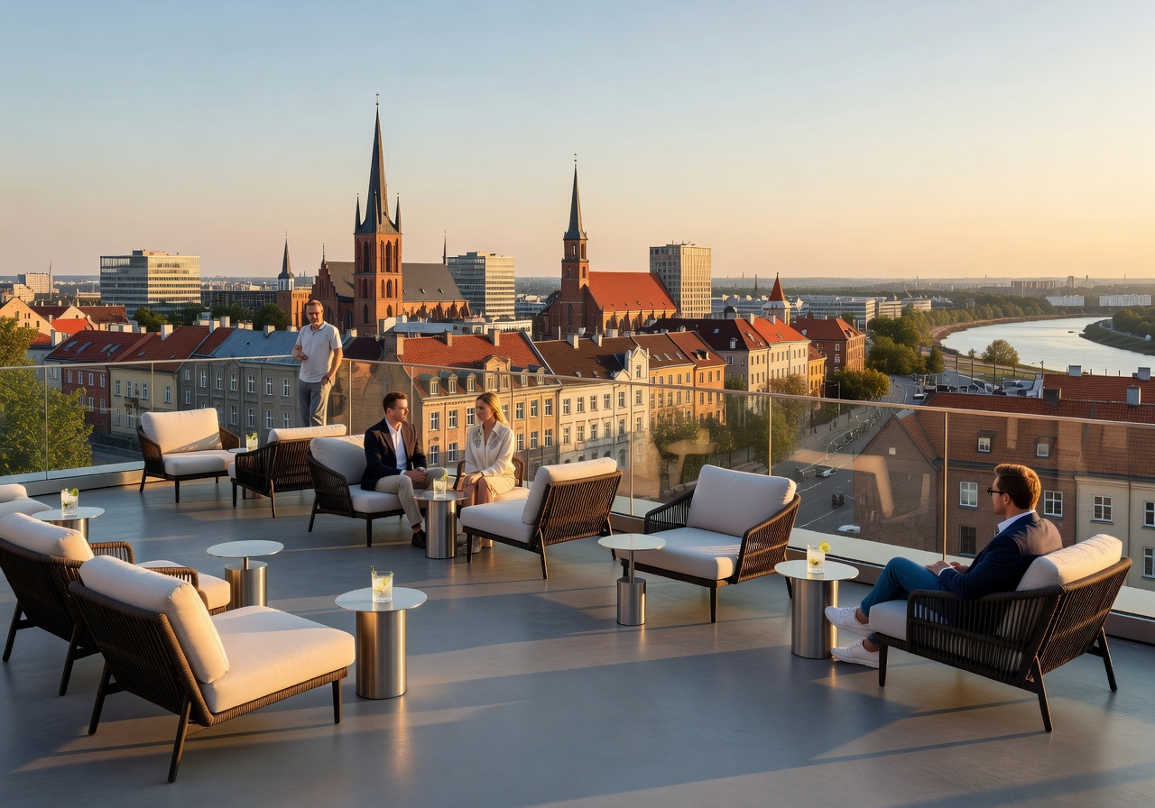 Warsaw hotel rooftop lounge with city skyline