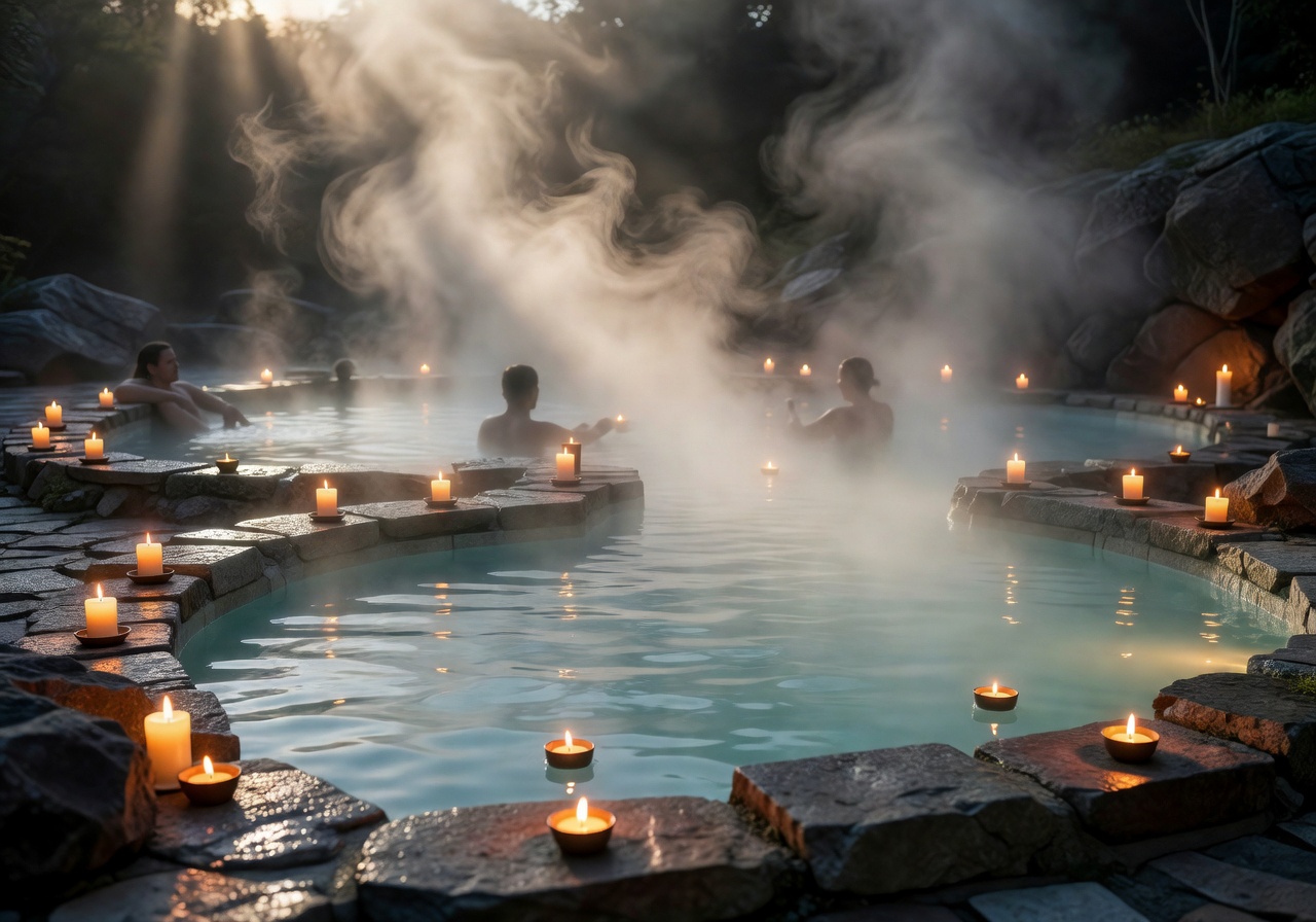 Thermal wellness pools with steam and candlelight